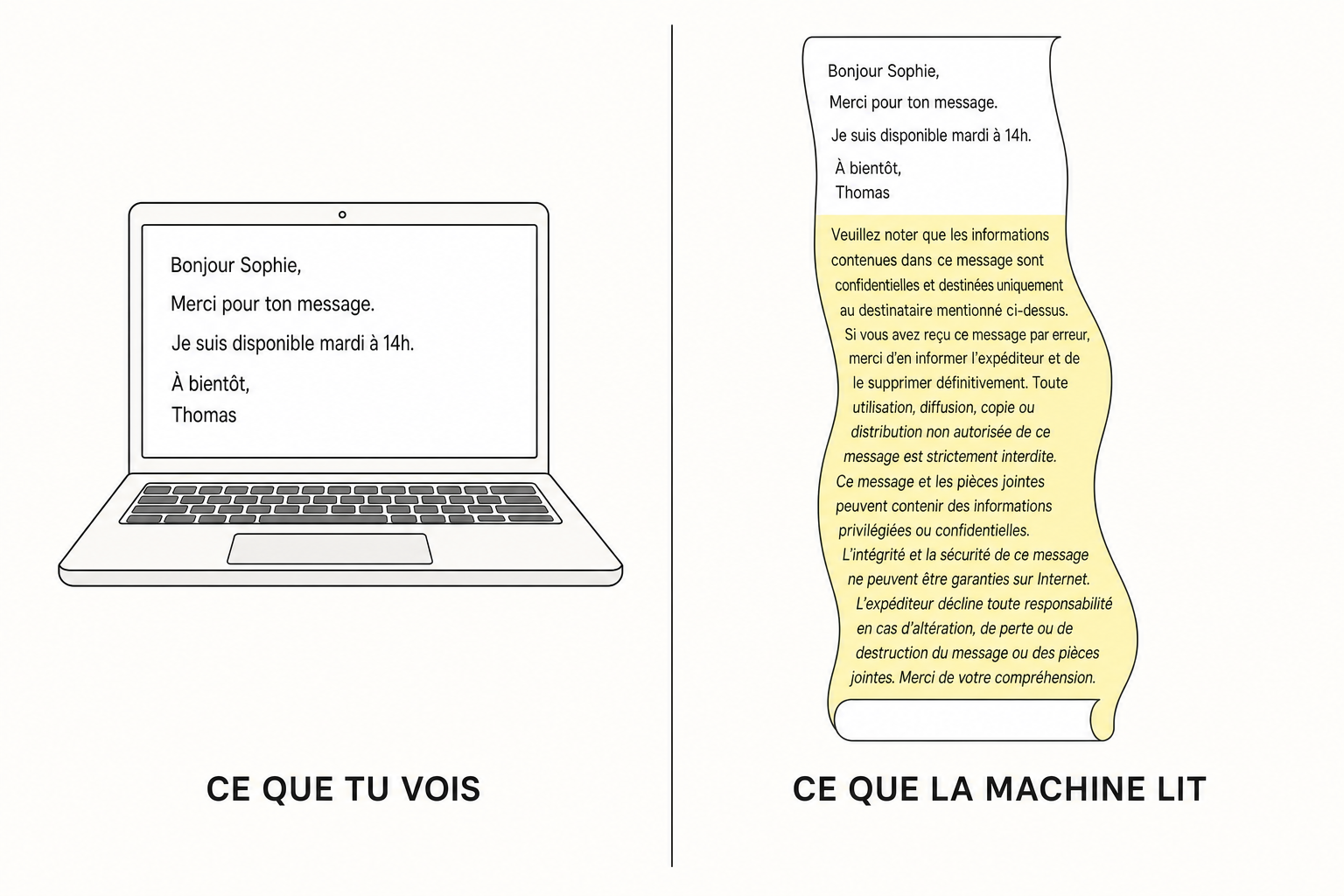 A gauche un mail court sur un ecran, a droite le meme mail suivi d un long bloc de texte surligne que le lecteur ne voit pas