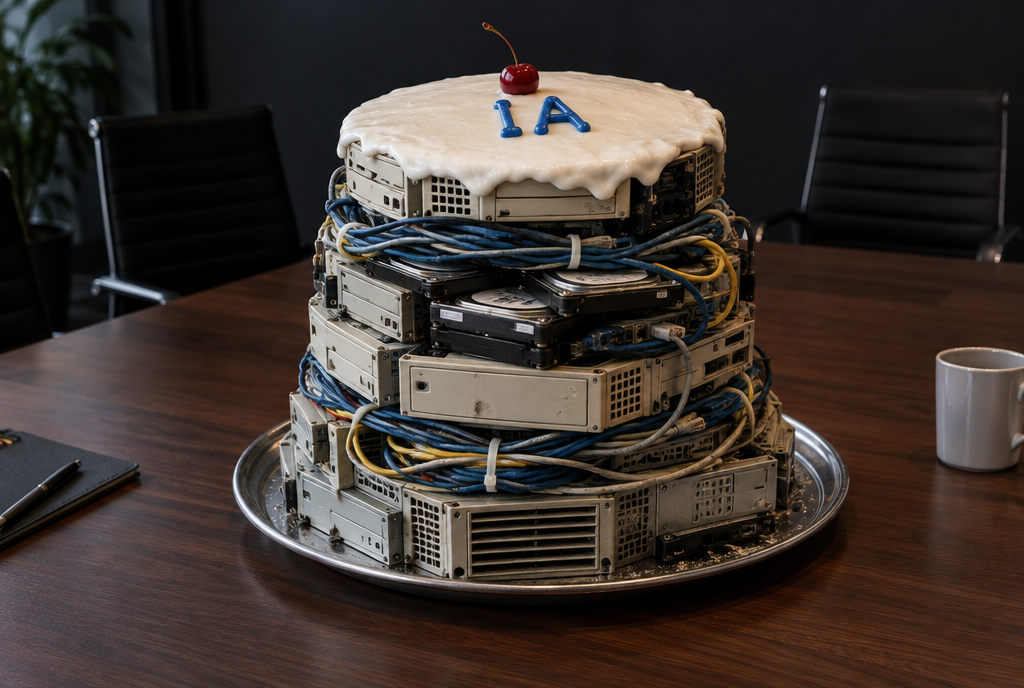 Un gâteau à étages posé sur une table de réunion : les étages sont faits de vieux serveurs informatiques, de câbles et de disques durs empilés, et seule une fine couche de glaçage brillant sur le dessus porte une cerise et le mot IA