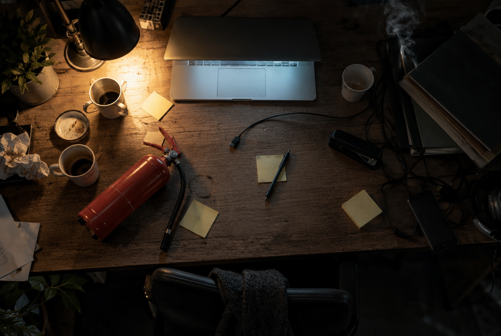A messy desk seen from above at night, a red fire extinguisher lying between coffee cups and a lit laptop