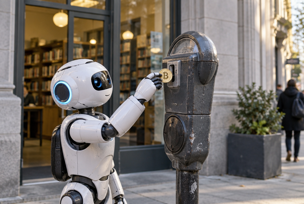 Un petit robot glisse une pièce dorée marquée du symbole du bitcoin dans la fente d'un parcmètre posé devant la porte d'une bibliothèque
