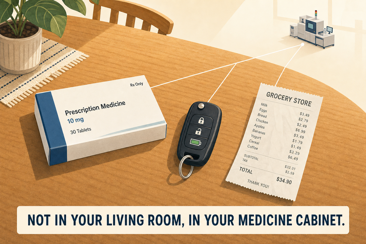 A medicine box, a car key and a grocery receipt on a kitchen table, connected to a small laboratory machine