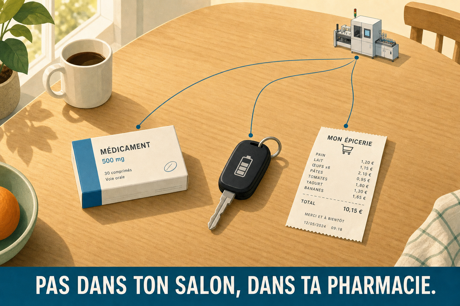 Une boîte de médicament, une clé de voiture et un ticket de courses sur une table de cuisine, reliés à une petite machine de laboratoire