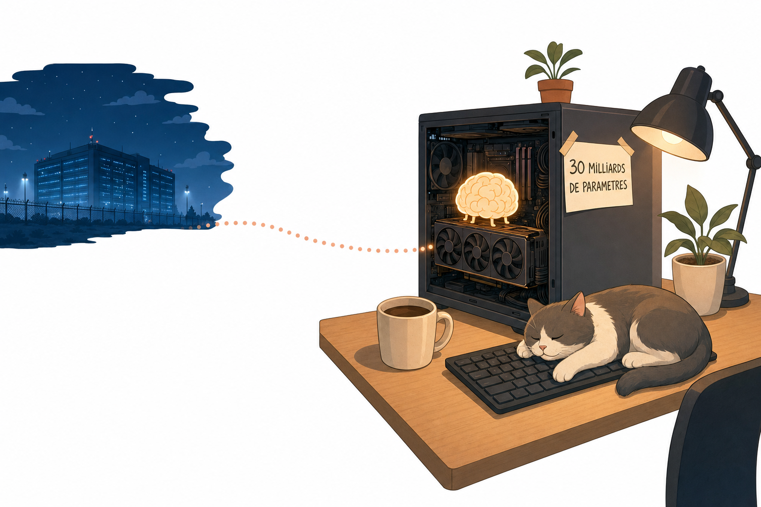 Un centre de données lointain la nuit, et au premier plan une tour de PC ouverte sur un bureau avec un petit cerveau lumineux posé sur la carte graphique, un chat endormi sur le clavier