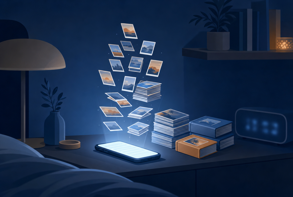 Une chambre la nuit, un téléphone posé sur la table de chevet d'où des photos s'envolent et se rangent toutes seules en piles et en albums