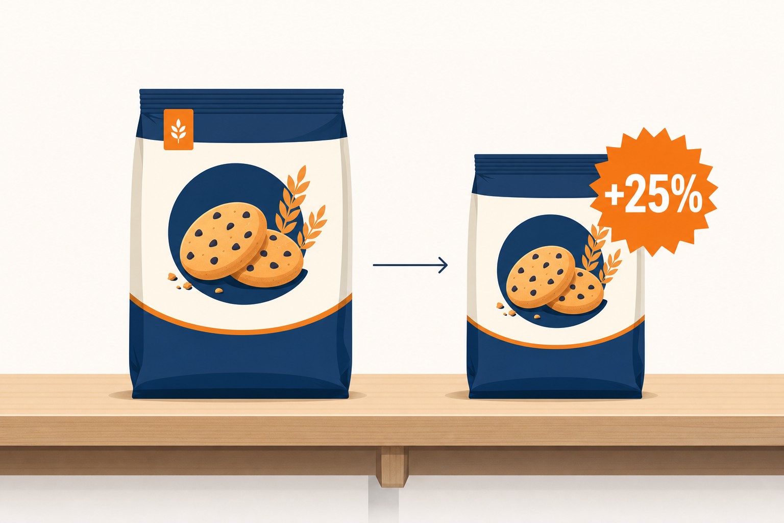Two packets of biscuits on a shelf, the newer one clearly smaller but decorated with a big plus 25 percent sticker