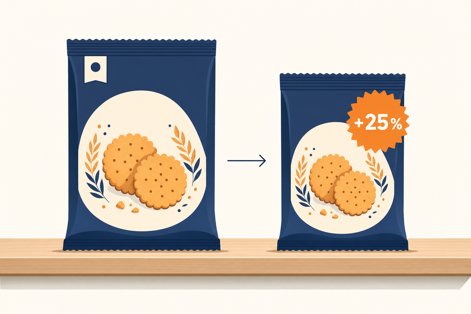 Deux paquets de biscuits sur une étagère, le plus récent nettement plus petit mais orné d'une grosse pastille plus 25 pour cent