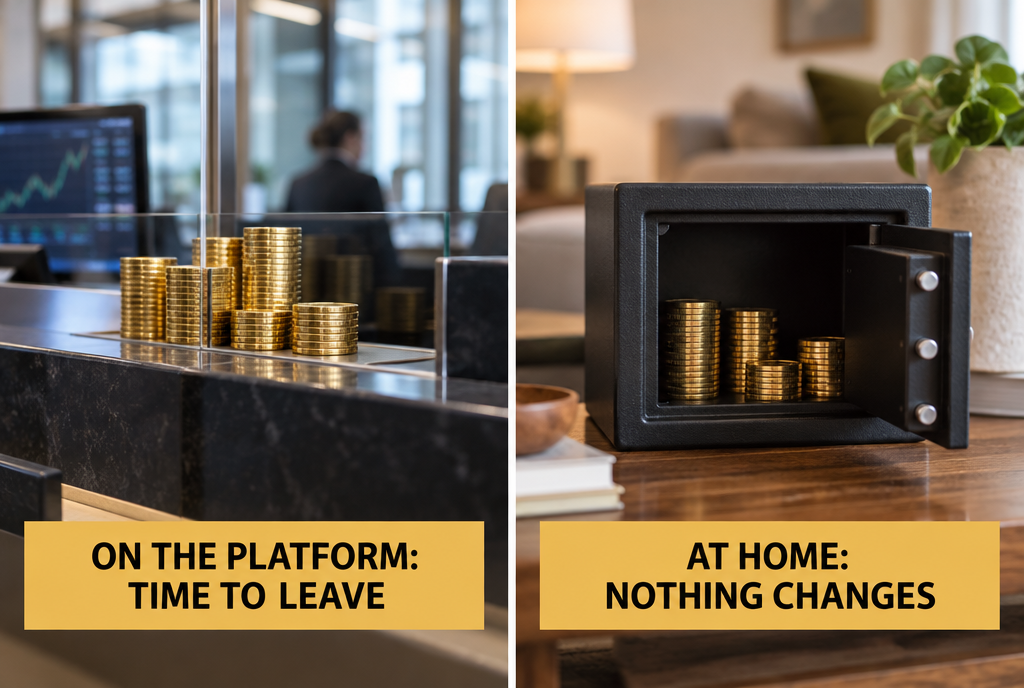 Before and after, side by side: on the left, golden digital coins placed behind the counter of a platform booth, with the label “On the platform: you need to get out” ; on the right, the same coins stored in a small safe in a living room, with the label “At your place: nothing changes”