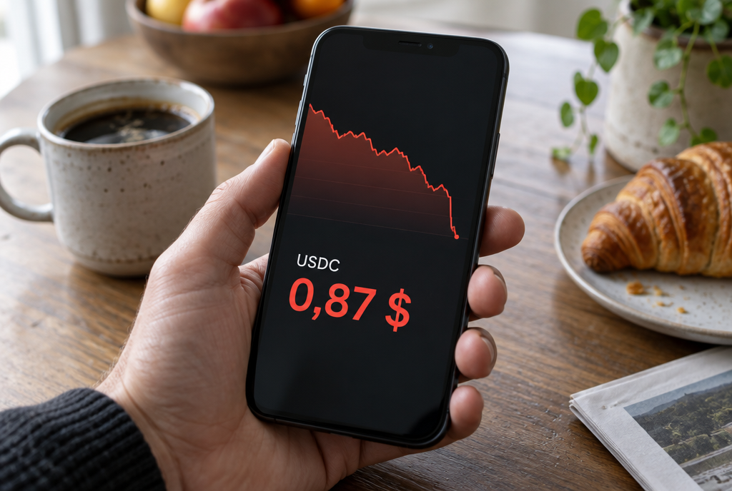 Une main tient un smartphone au-dessus d'une table de cuisine avec un café et un croissant ; l'écran affiche une courbe de prix rouge qui descend et le prix USDC 0,87 dollar en gros caractères rouges