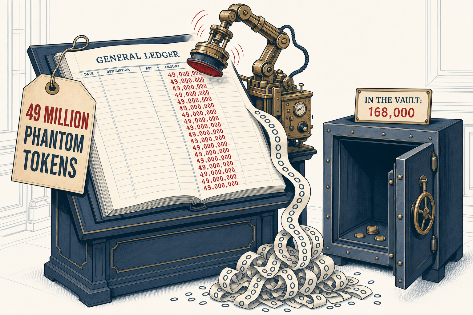 An accounting ledger where a machine has recorded 49,000,000 tokens issued, next to an almost empty vault containing 168,000