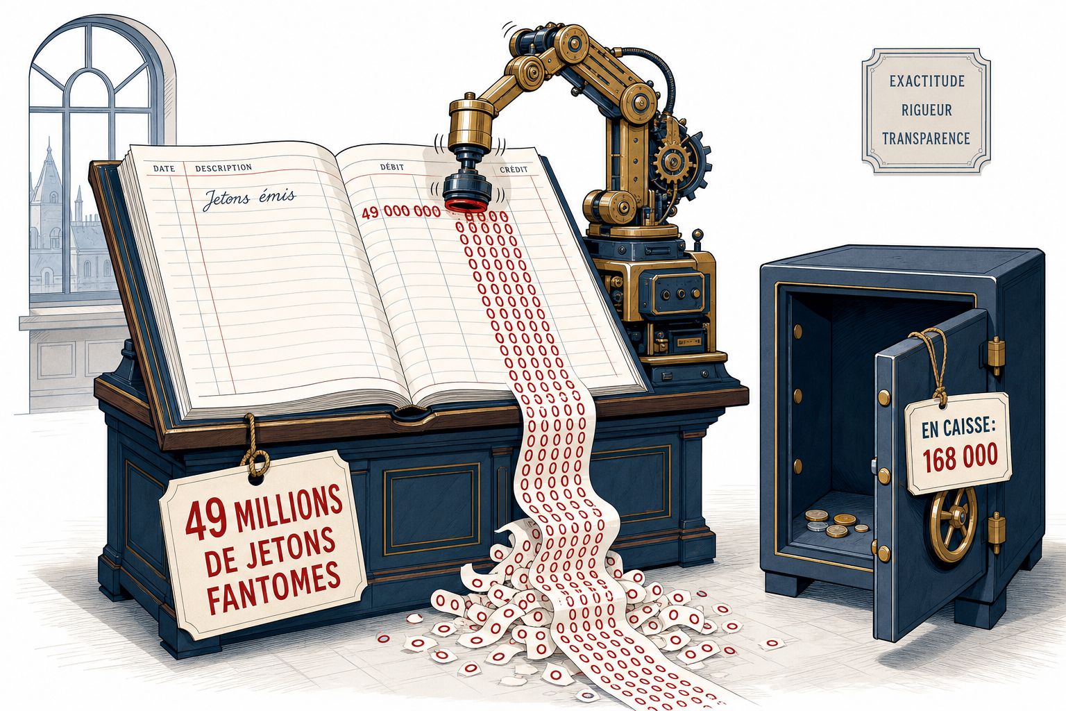 Un registre comptable où une machine a inscrit 49 000 000 de jetons émis, à côté d'un coffre presque vide contenant 168 000