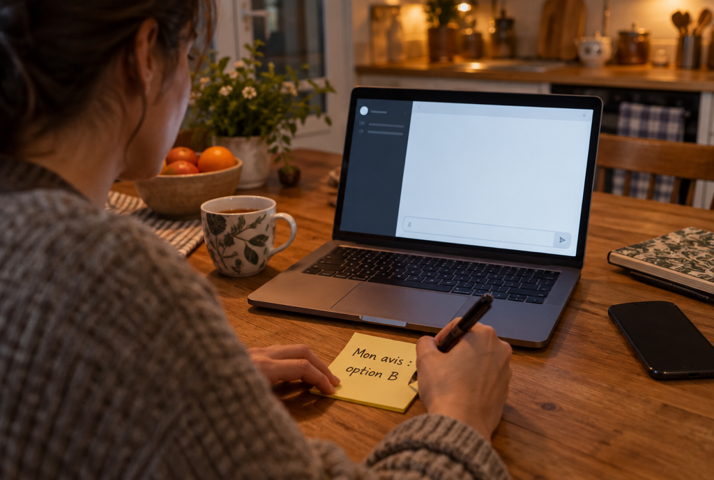 Le soir à une table de cuisine, une personne écrit « Mon avis : option B » sur un post-it jaune avant de taper sa question dans la fenêtre vide d'un assistant IA sur son ordinateur portable