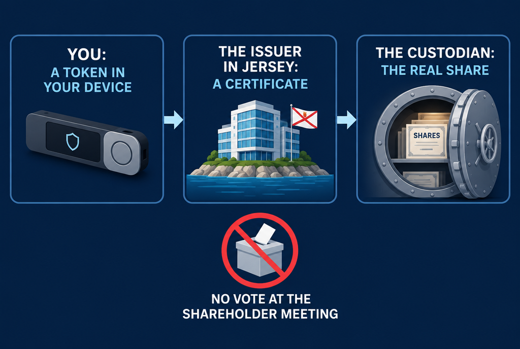 Diagram: the token in your key, the issuer’s certificate in Jersey, the real share with the custodian