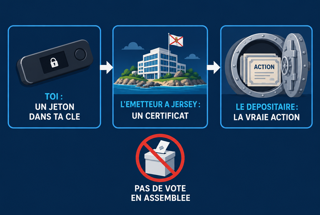 Schéma : le jeton dans ta clé, le certificat de l'émetteur à Jersey, la vraie action chez le dépositaire