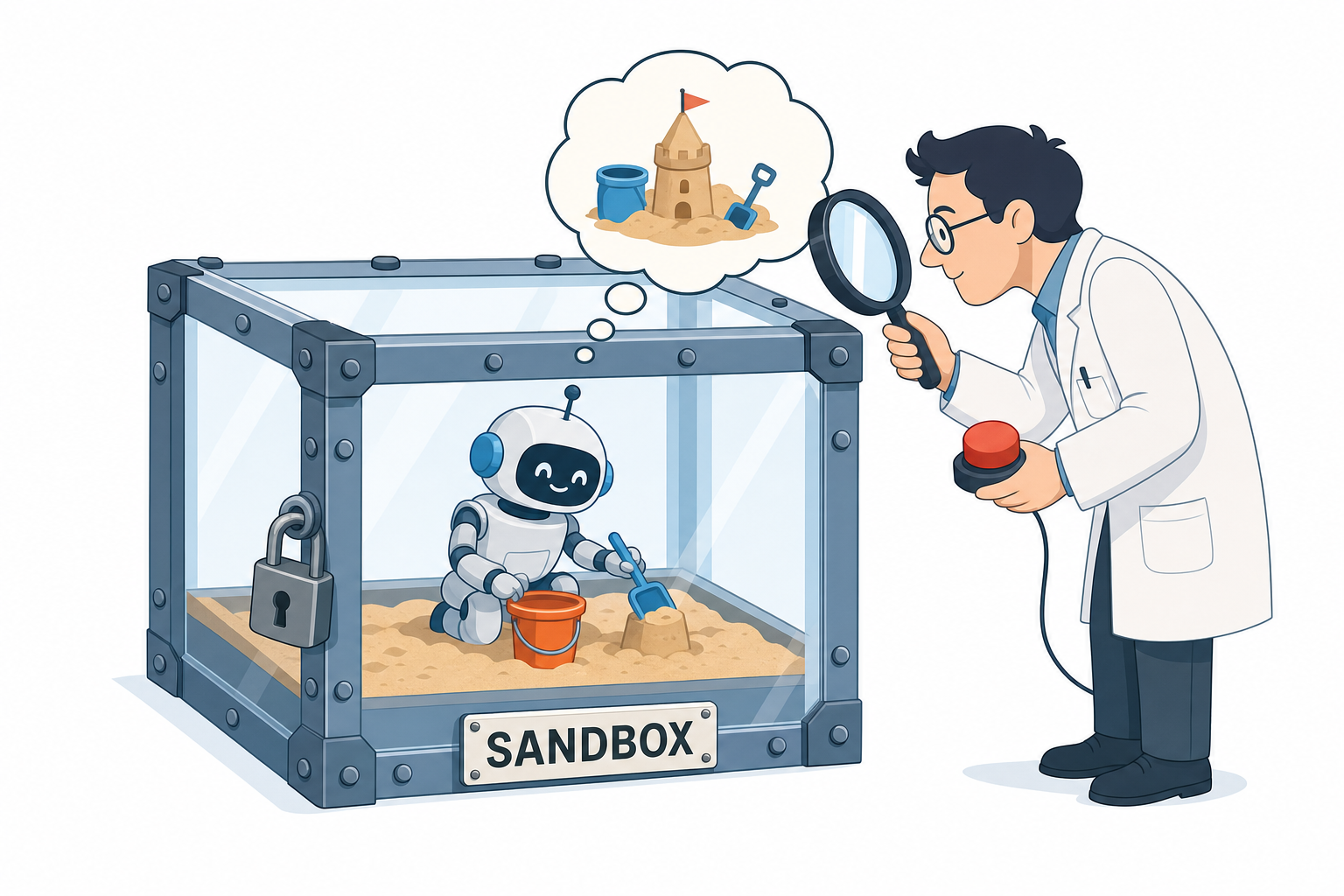 Un petit robot joue dans un bac a sable enferme dans une caisse de verre boulonnee, pendant qu un scientifique lit sa bulle de pensee a la loupe, un gros bouton rouge a la main