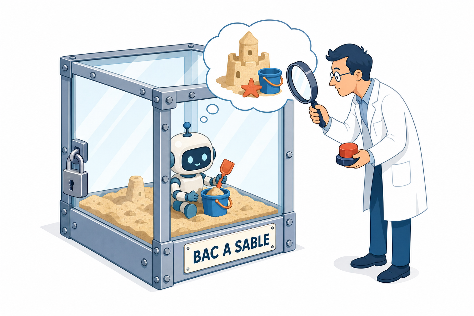 Un petit robot joue dans un bac a sable enferme dans une caisse de verre boulonnee, pendant qu un scientifique lit sa bulle de pensee a la loupe, un gros bouton rouge a la main