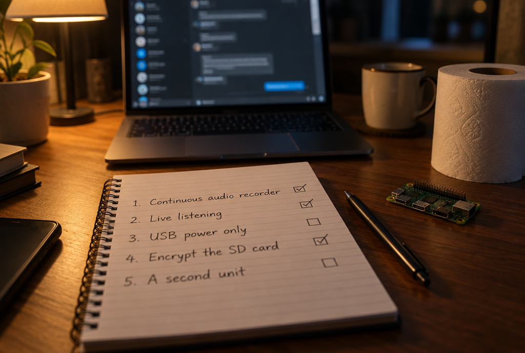 A notepad placed in front of a laptop, with a handwritten list: continuous audio recorder, live listening, USB-only power, encrypt the SD card, a second unit, next to a roll of toilet paper and a small circuit board