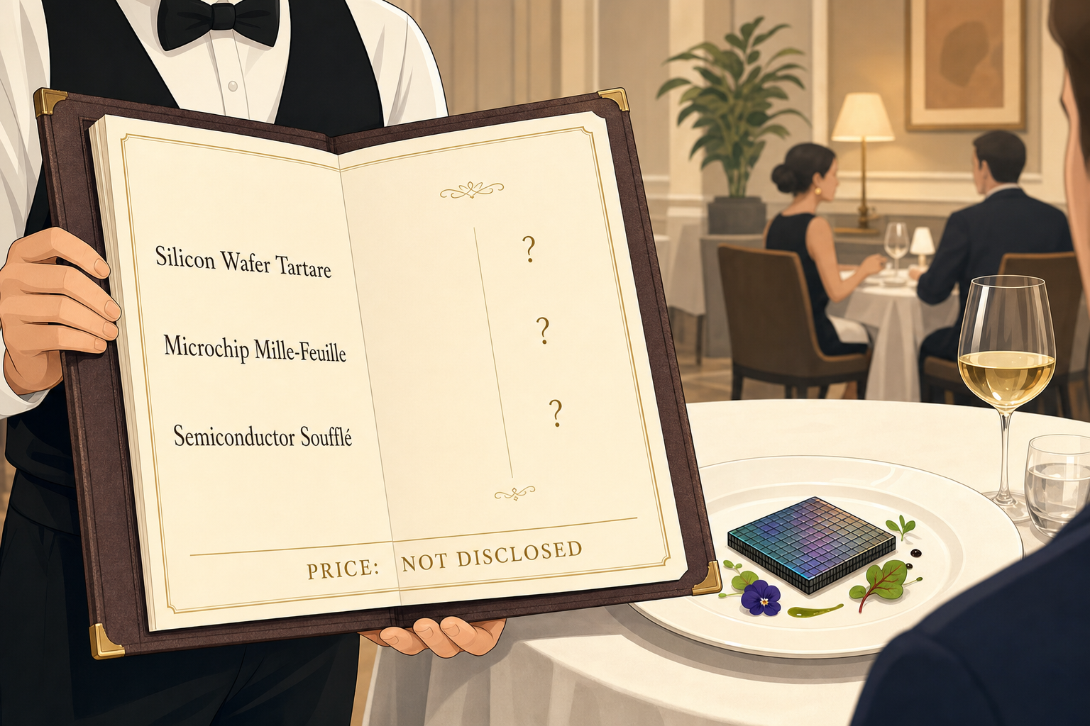 Une carte de restaurant tenue par un serveur, ou la colonne des prix ne contient que des points d interrogation