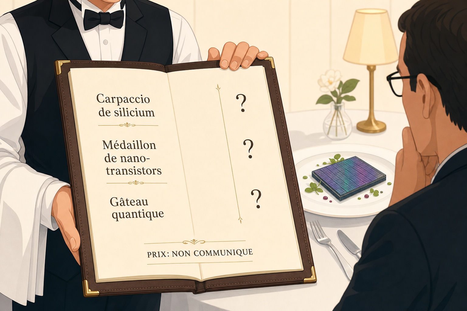 Une carte de restaurant tenue par un serveur, ou la colonne des prix ne contient que des points d interrogation