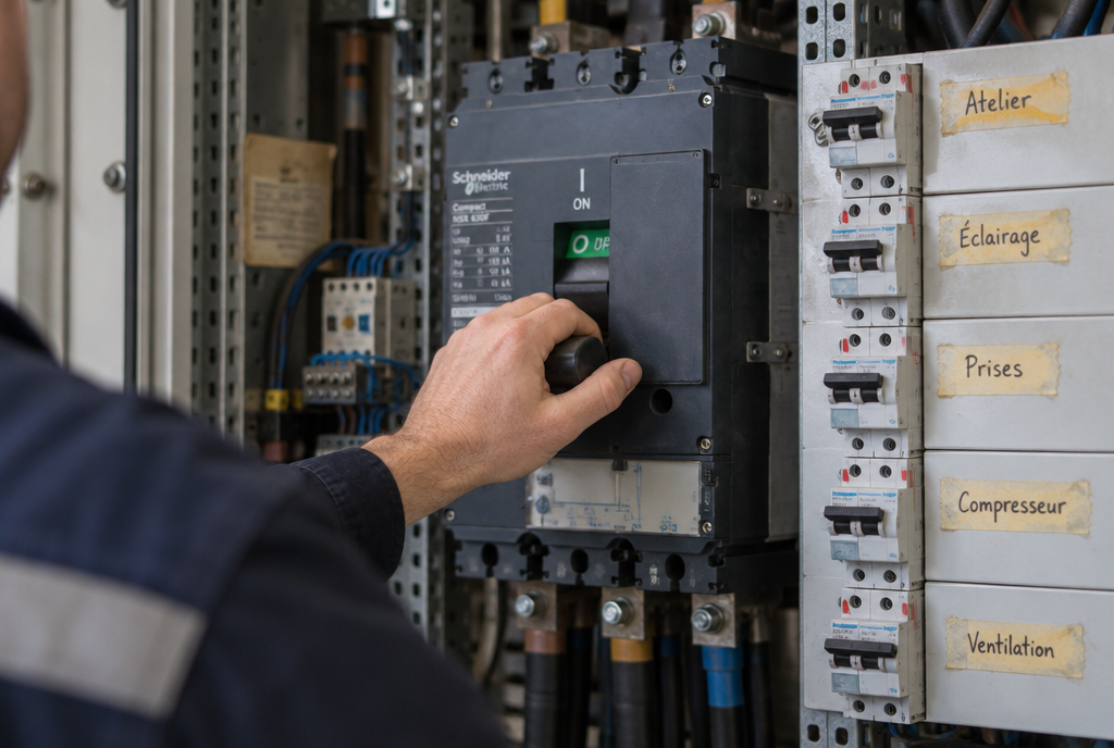 A large lever circuit breaker in an electrical panel, a technician's hand resting on it