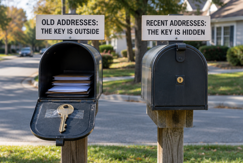 Two mailboxes side by side on a street: the one on the left is open with a big key taped to its door under a sign saying “Old addresses: the key is outside”, the one on the right is locked under a sign saying “Recent addresses: the key is hidden”