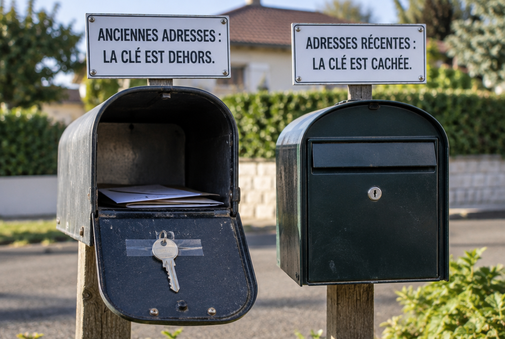 Deux boîtes aux lettres côte à côte dans une rue : celle de gauche est ouverte avec une grosse clé scotchée sur sa porte sous un panneau « Anciennes adresses : la clé est dehors », celle de droite est fermée à clé sous un panneau « Adresses récentes : la clé est cachée »
