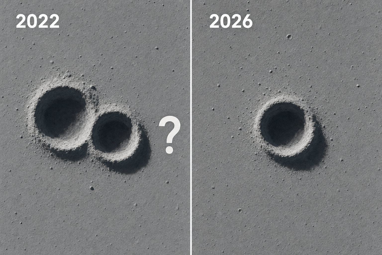 Deux vues de la surface lunaire, a gauche deux crateres qui se chevauchent avec un point d interrogation, a droite un seul cratere rond