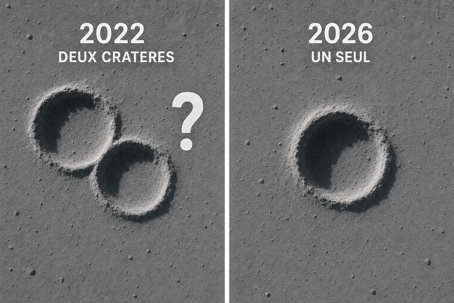Deux vues de la surface lunaire, a gauche deux crateres qui se chevauchent avec un point d interrogation, a droite un seul cratere rond
