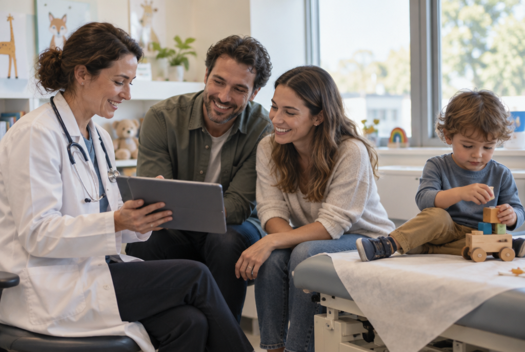Un medecin montre a des parents ce que dit le dossier. Cinq ans de rendez-vous avant de savoir, si la machine coupe ce delai en deux tout est gagne.