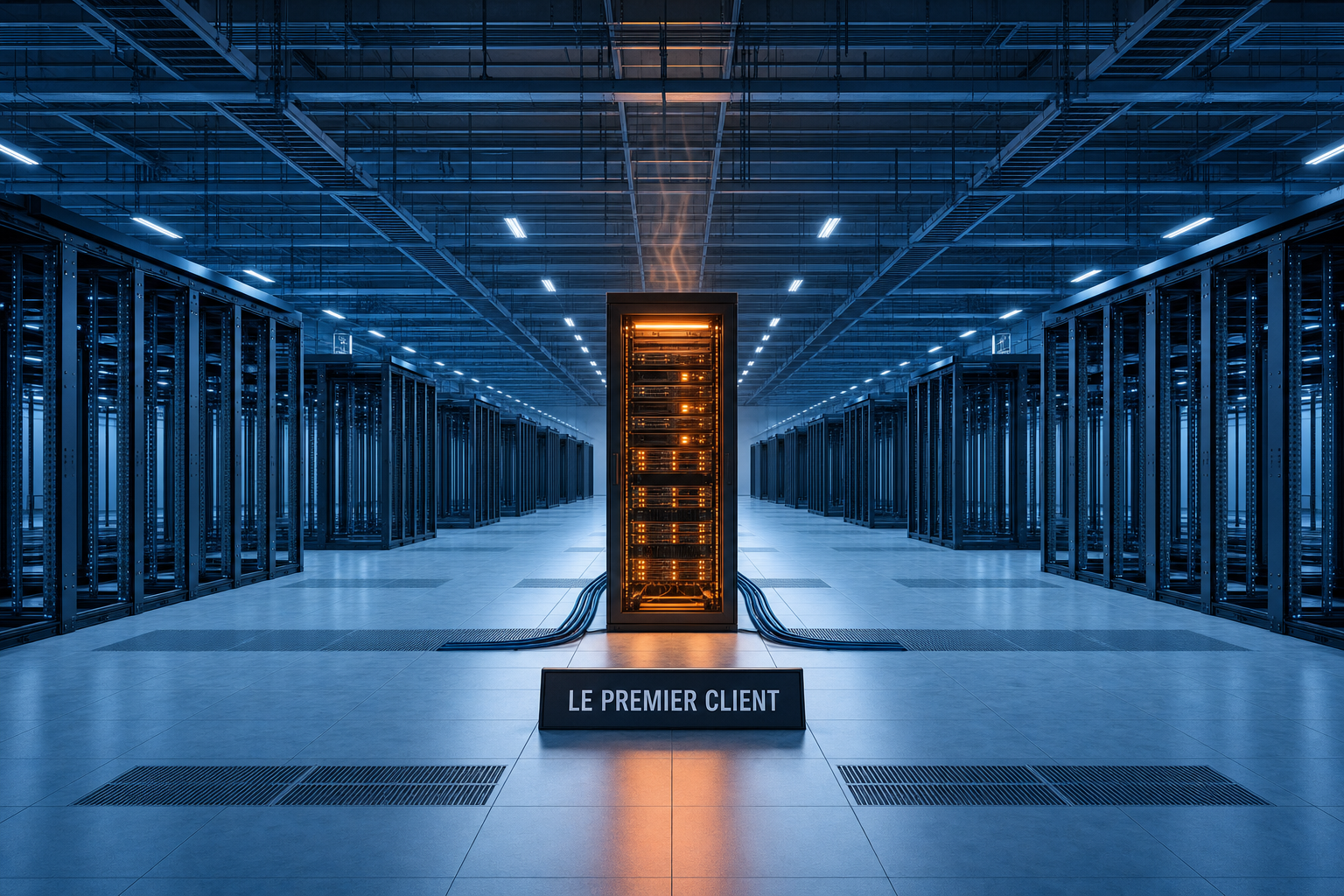Une immense salle de centre de données vide avec une seule armoire allumée au centre, sous un panneau indiquant le premier client