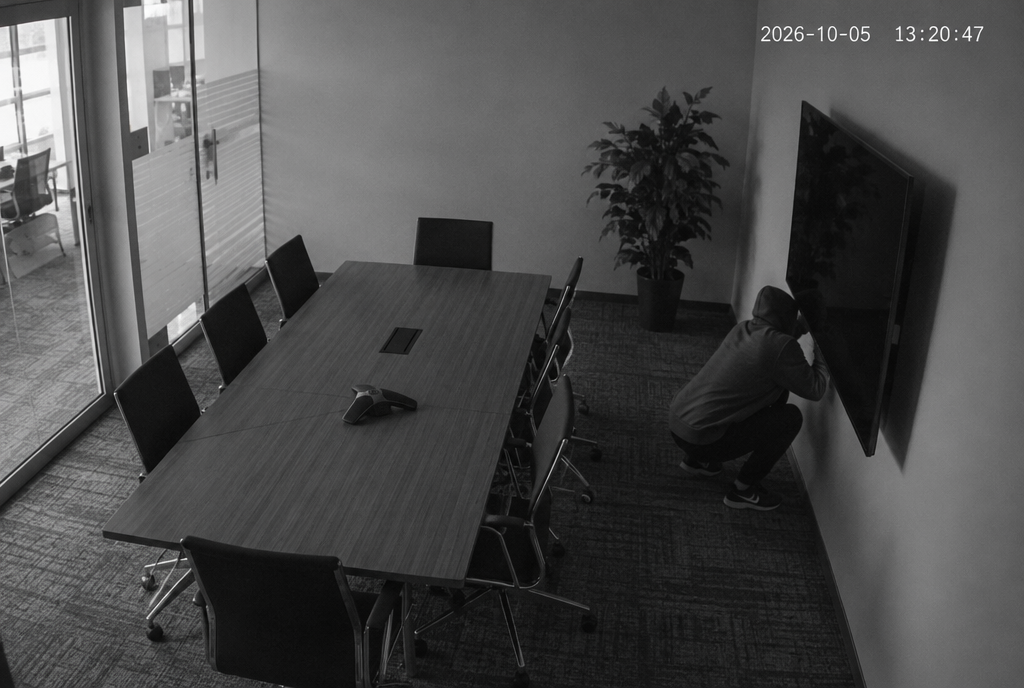 Reconstitution en noir et blanc d'une image de caméra de surveillance, prise d'un coin haut d'une salle de réunion : un homme en sweat à capuche accroupi regarde derrière une grande télévision murale, avec l'horodatage 2026-10-05 13:20:47