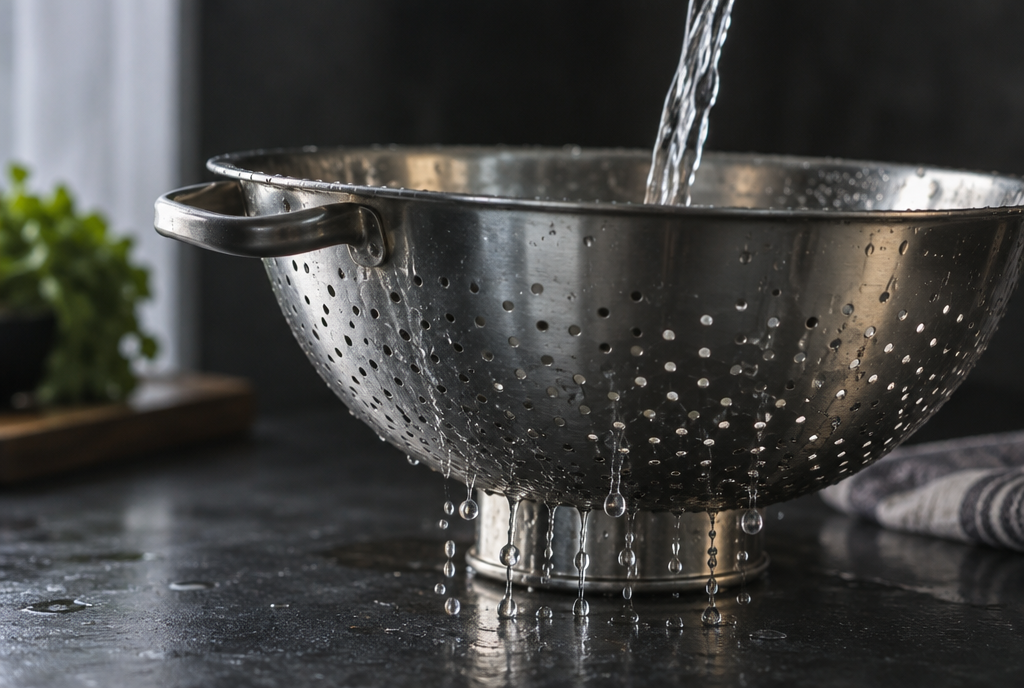 A stainless steel colander crossed by a stream of water