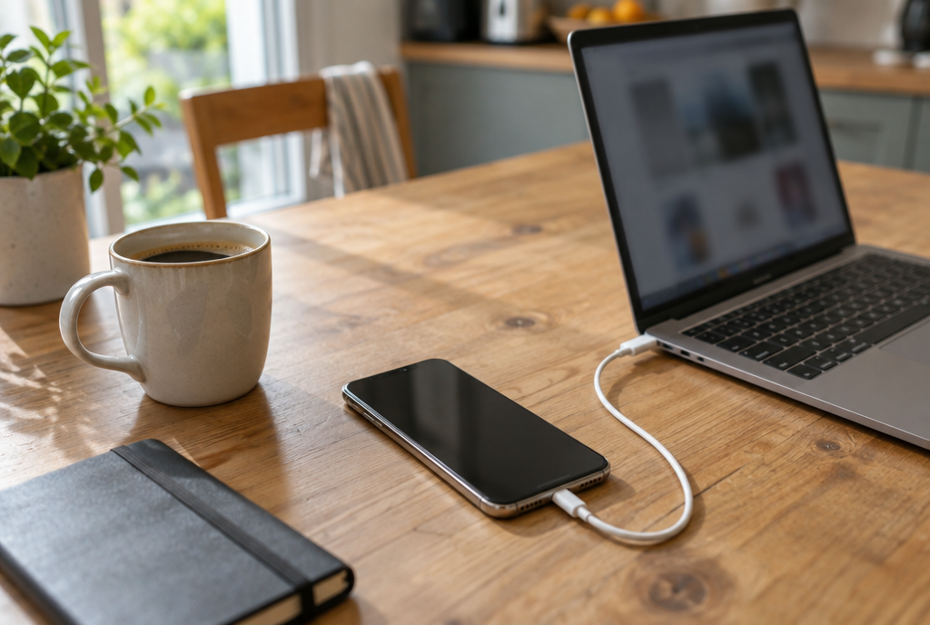 A phone connected by a cable to a laptop on a kitchen table