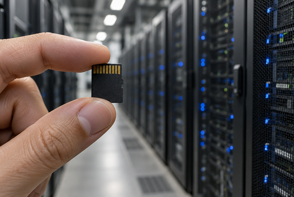 A hand holds a tiny microSD memory card in the foreground, in sharp focus, while in the background a long aisle of dark server racks with blue indicator lights fades into the blur
