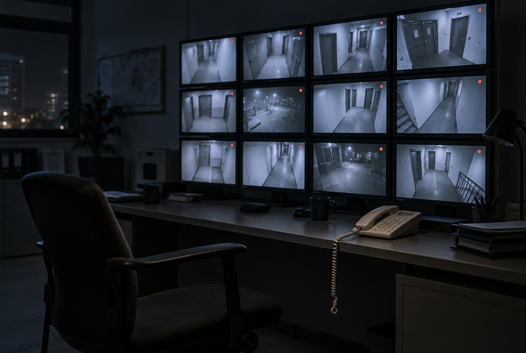 Une salle de surveillance vide la nuit : une rangée d'écrans continue d'enregistrer des images, la chaise du gardien est vide et le téléphone posé sur le bureau a son fil débranché qui pend