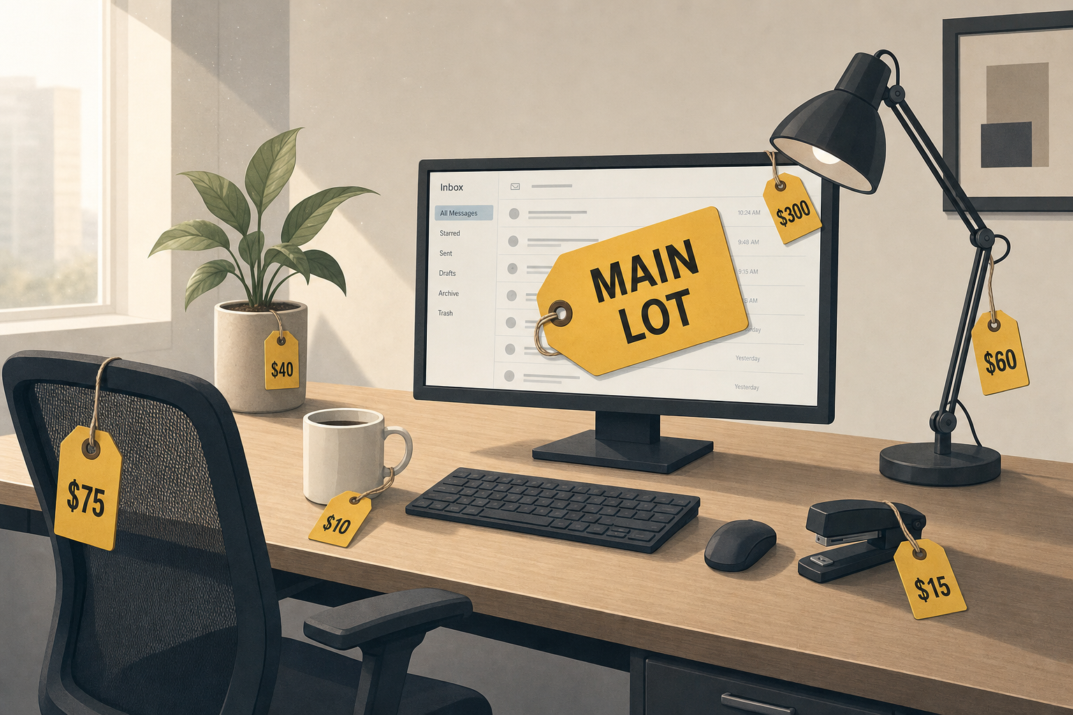 An office where every object bears an auction label, the largest one stuck to the mailbox on the screen