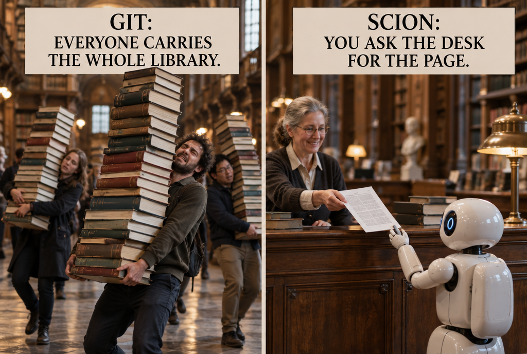 Two scenes side by side in an old library: on the left, exhausted people each carry away a stack of books taller than their head, under the label “Git: everyone takes the whole library” ; on the right, a little white robot receives a single photocopied page at the counter, under the label “Scion: you ask the counter for the page”