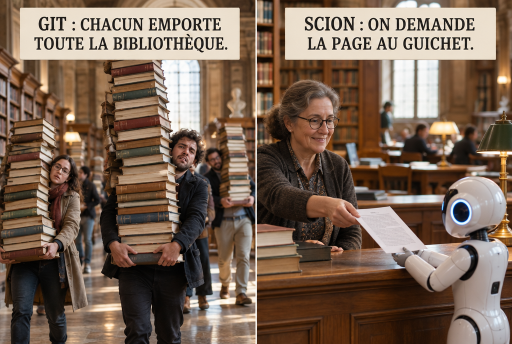 Deux scènes côte à côte dans une vieille bibliothèque : à gauche, des gens épuisés emportent chacun une pile de livres plus haute que leur tête, sous l'étiquette « Git : chacun emporte toute la bibliothèque » ; à droite, un petit robot blanc reçoit une seule page photocopiée au guichet, sous l'étiquette « Scion : on demande la page au guichet »