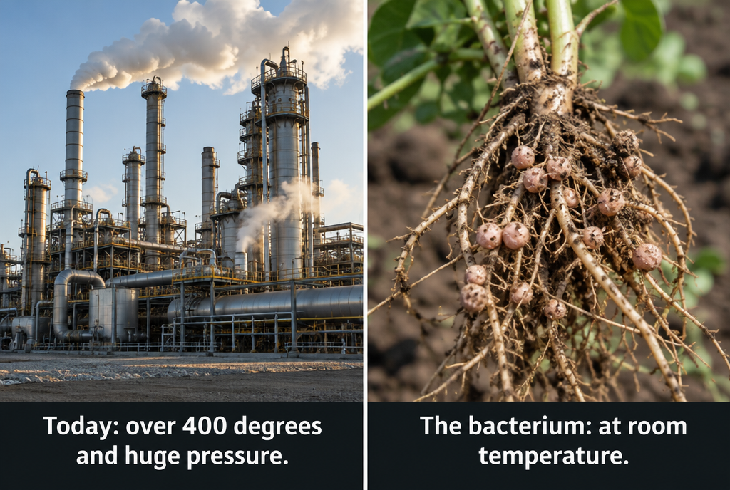 Two scenes side by side. On the left, a large fertilizer factory giving off smoke, with the label: today, more than 400 degrees and enormous pressure. On the right, the roots of a pea plant covered in little balls, with the label: the bacterium, at room temperature