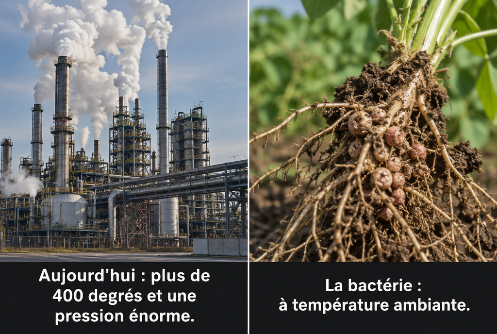 Deux scènes côte à côte. À gauche, une grande usine d'engrais qui fume, avec l'étiquette : aujourd'hui, plus de 400 degrés et une pression énorme. À droite, les racines d'un plant de pois couvertes de petites boules, avec l'étiquette : la bactérie, à température ambiante