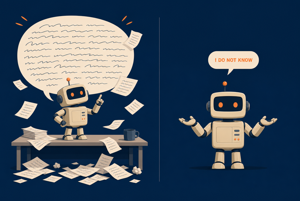 On the left a robot declaiming an immense bubble filled with made-up text, on the right the same robot shrugging in front of a small bubble saying I don't know