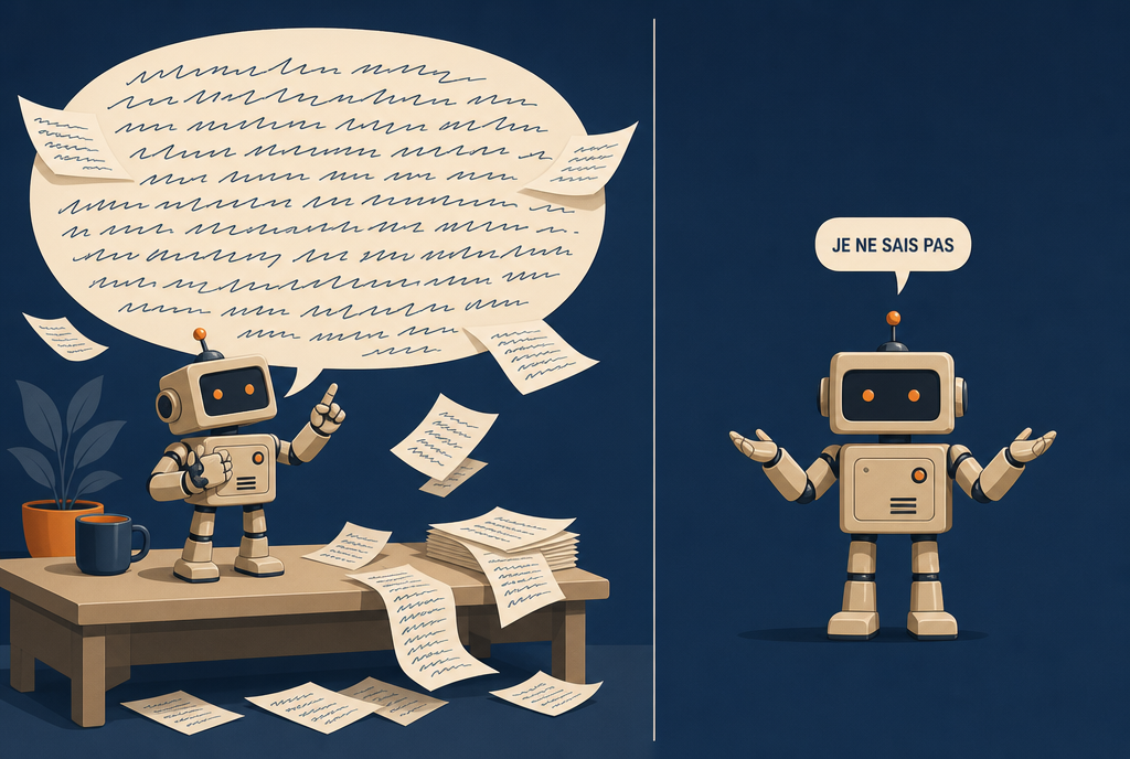 À gauche un robot qui déclame une immense bulle remplie de texte inventé, à droite le même robot qui hausse les épaules devant une petite bulle disant je ne sais pas