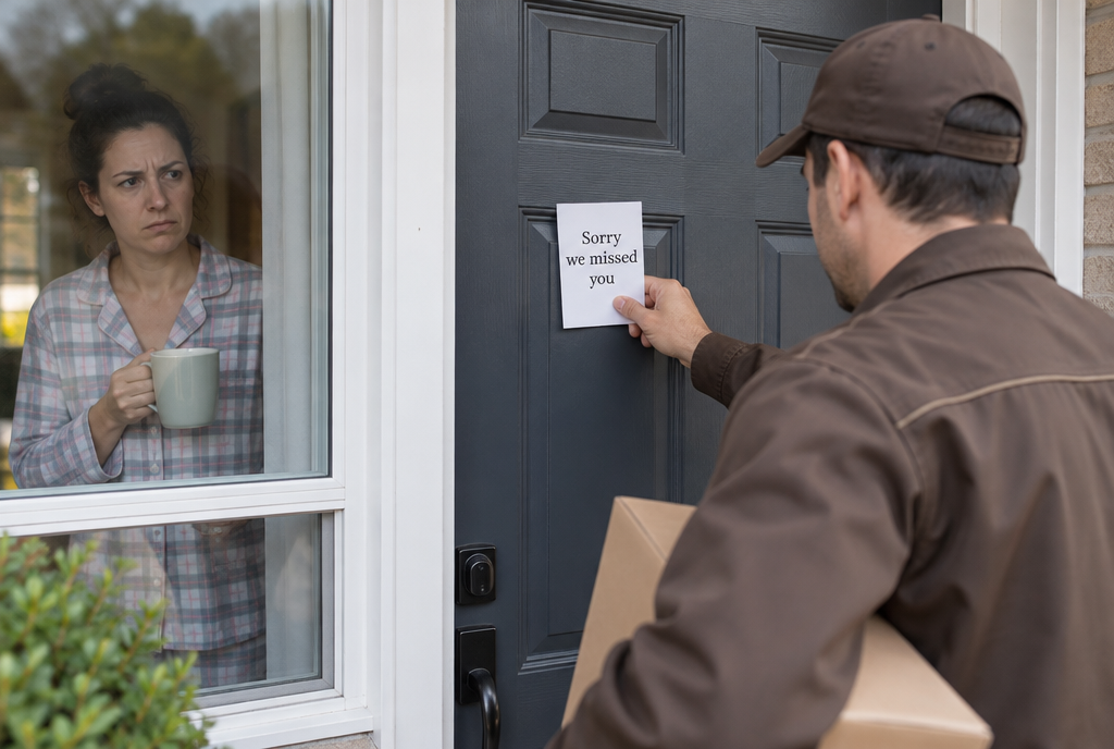A delivery driver sticks a missed-delivery notice on a front door while, behind the nearby window, someone in pajamas, safely at home, watches him do it with a cup in hand