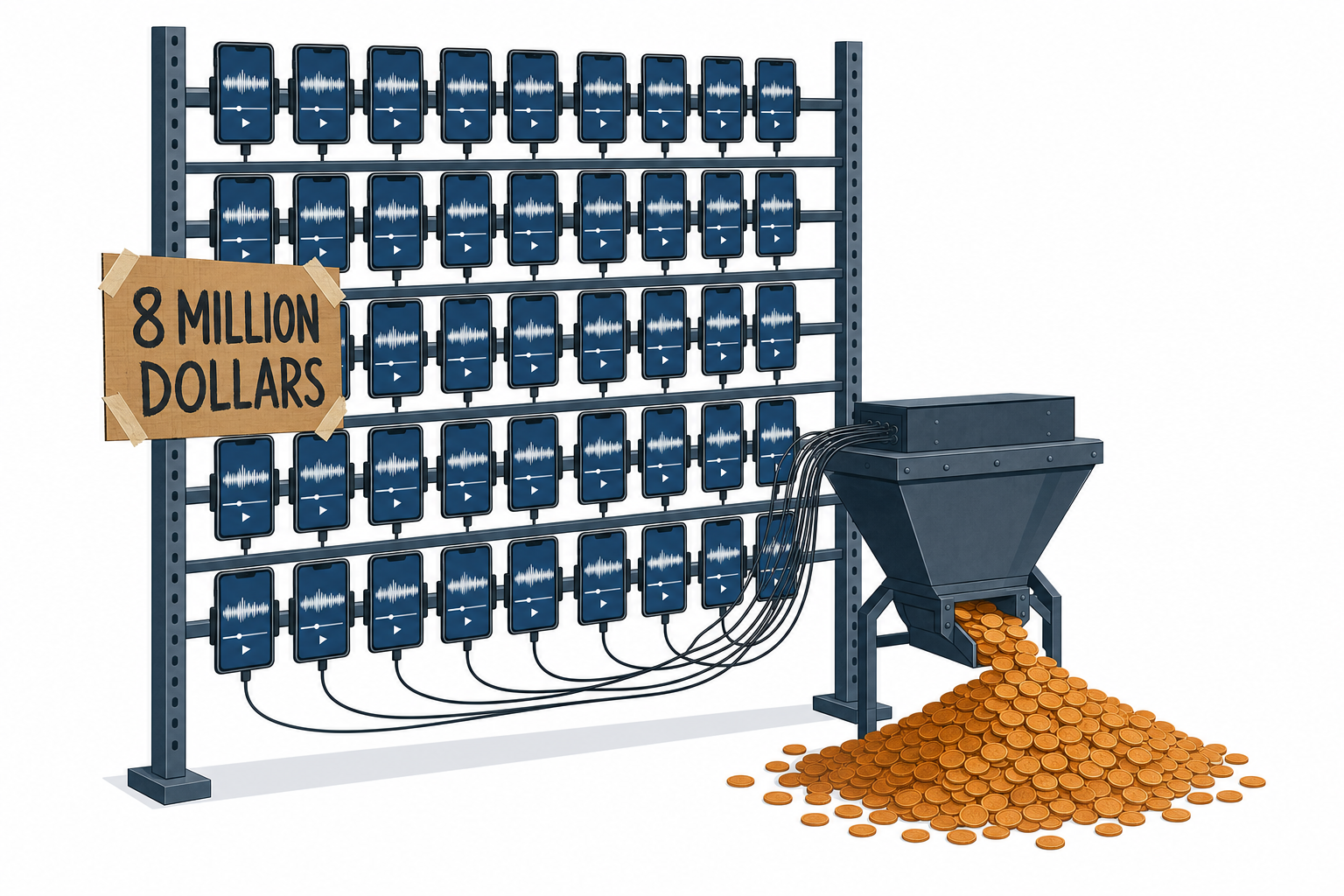 Un rack industriel de dizaines de telephones identiques jouant la meme piste, relies a une tremie d ou coulent des pieces de monnaie