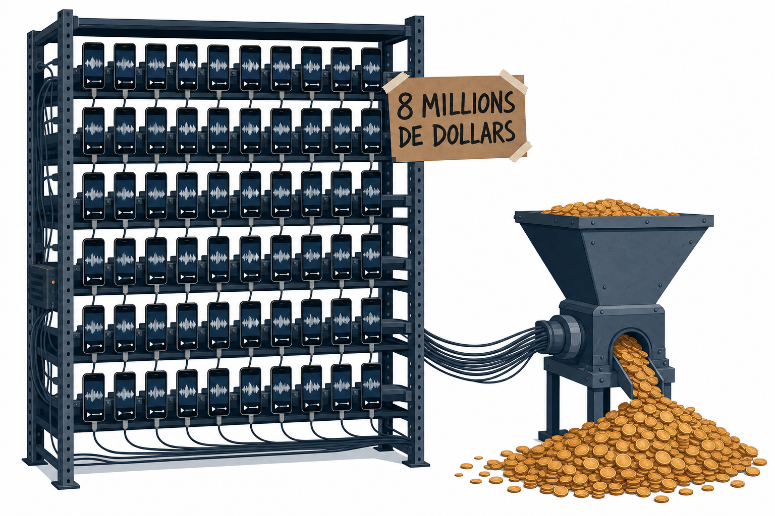 Un rack industriel de dizaines de telephones identiques jouant la meme piste, relies a une tremie d ou coulent des pieces de monnaie