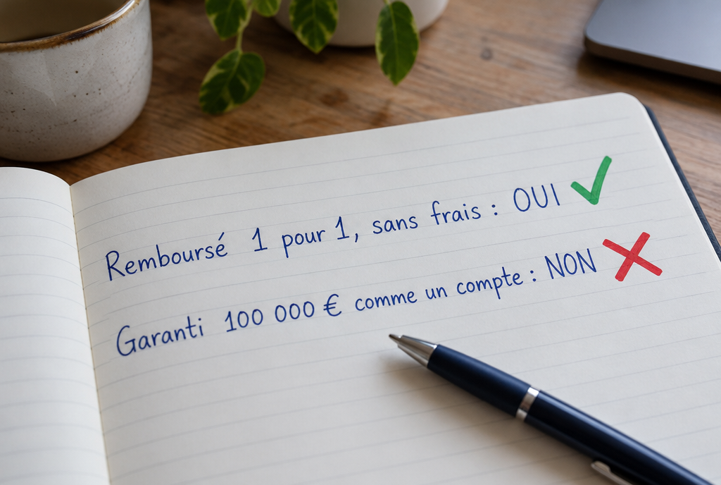 Un carnet ouvert sur un bureau avec deux lignes manuscrites à l'encre bleue : rembourse 1 pour 1 sans frais suivi d'une coche verte, et garanti 100 000 euros comme un compte suivi d'une croix rouge