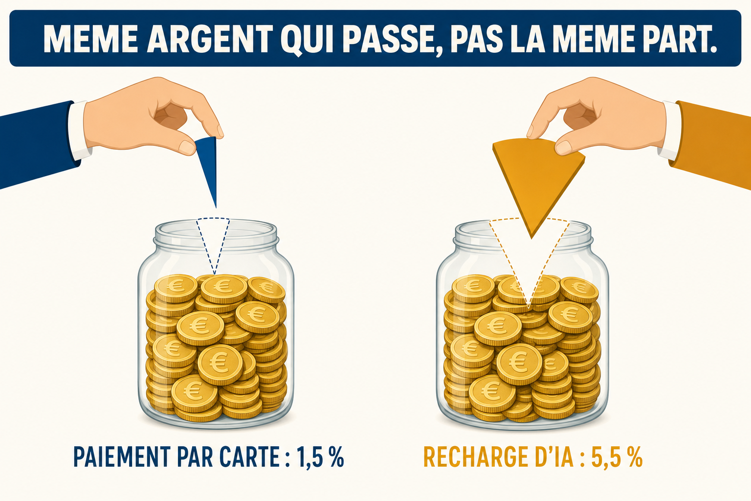 Deux bocaux de pièces identiques, une part de 1,5 % prélevée sur l'un, de 5,5 % sur l'autre