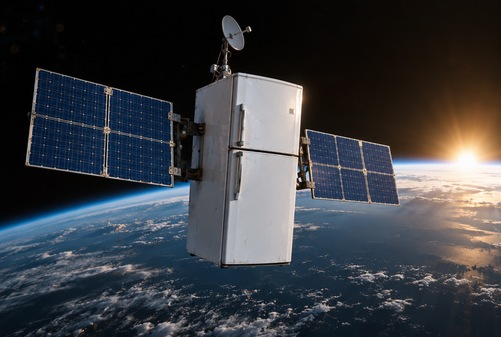 Un réfrigérateur de cuisine blanc, muni de deux grandes ailes de panneaux solaires bleus, flotte en orbite au-dessus de la Terre, avec le soleil qui se lève sur l'horizon de la planète