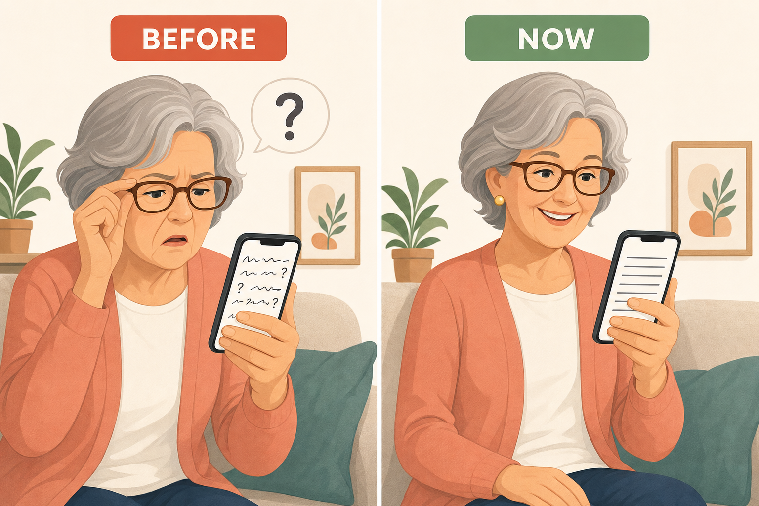 Two panels, on the left an elderly woman squinting at unreadable text on her phone, on the right the same person relaxed reading clean text