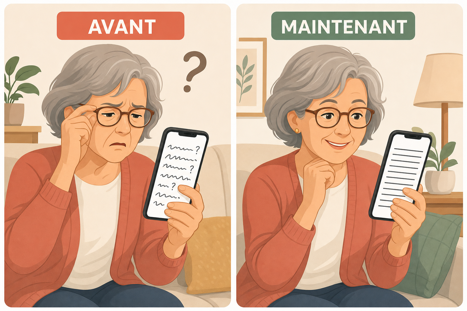 Deux panneaux, a gauche une femme agee qui plisse les yeux devant un texte illisible sur son telephone, a droite la meme personne detendue lisant un texte propre