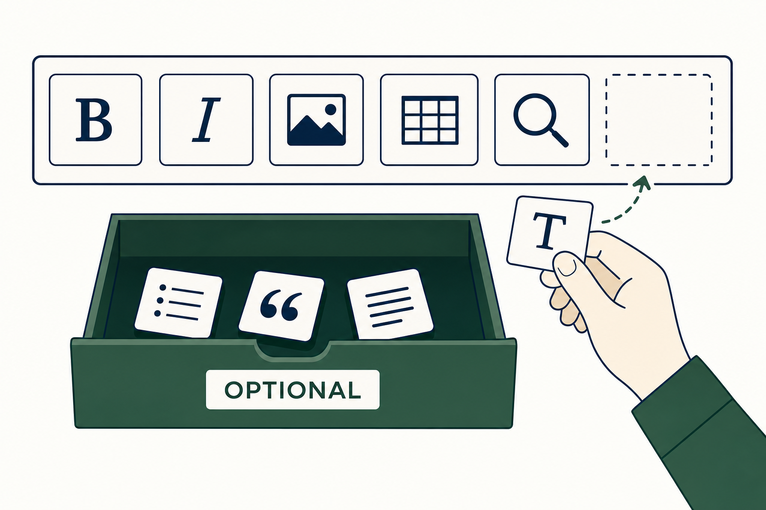 A toolbar with an empty slot and a drawer of optional buttons that a hand is placing there